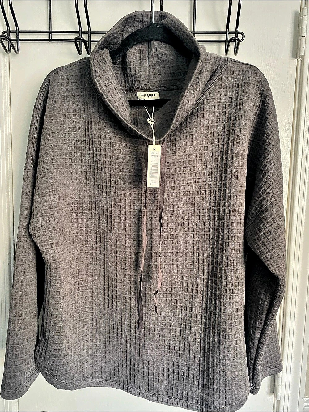 NWT Max Studio London Charcoal Gray Waffle Knit Funnel Neck Pullover Top L